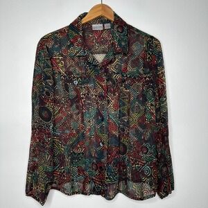 Chicos Silk Blouse Size L Aztec Geometric Button up Long Sleeve Sheer